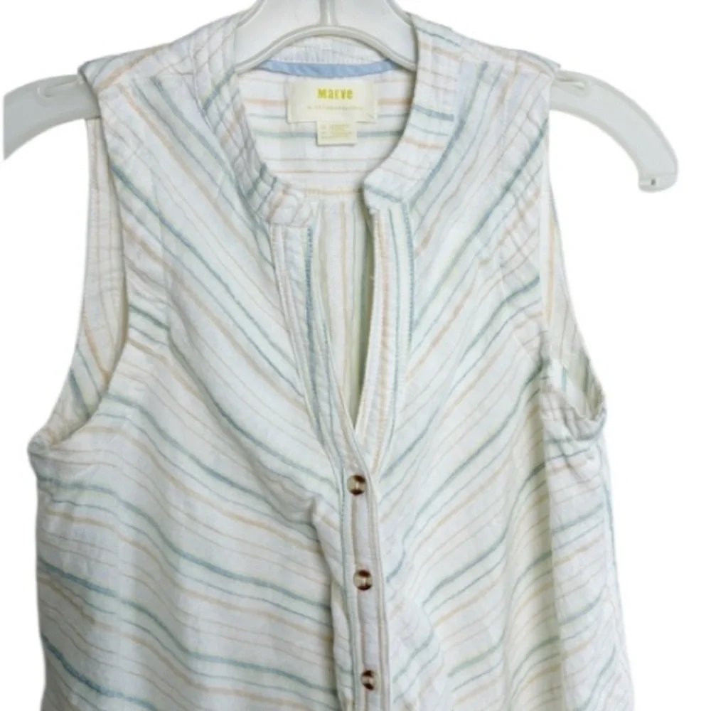 Anthropologie Maeve Blue Stripe Button/Tie Front Sleeveless Top Sz 0/XS Beachy